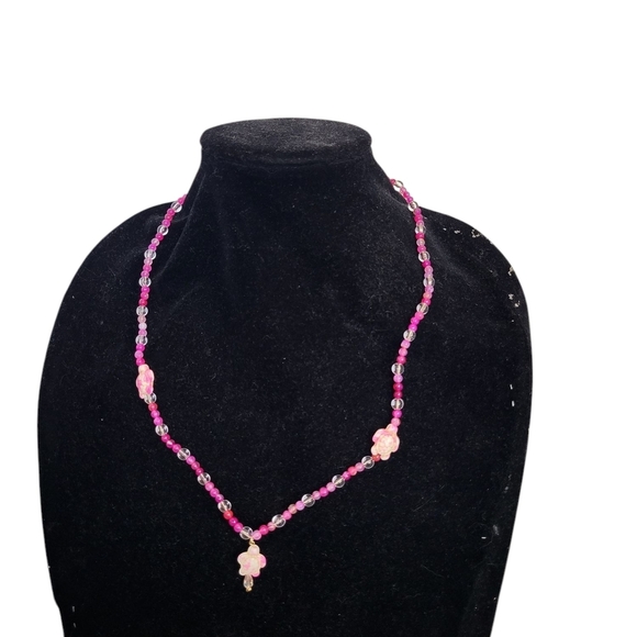 Pink Magenta Lace Agate Turquoise Turtle Beaded Clear Acrylic Necklace - Picture 4 of 4